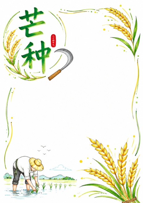 二十四节气之芒种，马克笔白底手绘风格手抄报，马克笔手绘，纯白色背景，风格清新简约，保留大面积空白书写区域，主标题"芒种"，搭配忙耕播种的镰刀麦穗简笔装饰，尺寸A4比例3:4，文字清晰，排版精美预览效果