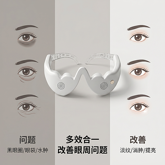 [主图 4] 美眼仪多功效痛点解决展示
[氛围风格] 低饱和ins风，高级简约科技感
[画质] 商业摄影质感、光线柔和通透、产品清晰真实、画面干净高级
[元素] 左右分栏排版，左侧为问题区展示眼部问题示意图（黑眼圈眼袋眼纹），中心放置白色美眼仪产品，保持产品外观与输入产品图绝对一致，杜绝变形色差，右侧对应展示改善后的效果，整体形成问题-产品-解决方案闭环构图，大图满铺无边框，产品占比适中。
[光影] 左侧问题区轻微压暗，右侧效果区明亮通透，主光集中在中心产品，光影对比突出改善效果，整体过渡自然。
[配色] 低饱和灰调背景，左侧低饱和暖灰问题区，右侧浅亮低饱和效果区，整体统一低饱和度，产品白色突出。
[视角构图] 左右对称构图，中心产品为视觉焦点，层次清晰。
[文字版式] 对应分区标注：左侧标注 "问题 黑眼圈/眼袋/水肿"，右侧标注 "改善 淡纹/消肿/提亮"，底部中心产品上方主标题 "多效合一 改善眼周问题"，文字深灰色，大小对比清晰，不遮挡主体。
[比例分辨率] 1:1比例，2k分辨率；文字清晰锐利，超高清
[负向提示词] 变形，水印，文字错乱，产品图模糊，背景杂乱，高饱和度，配色刺眼，夸张对比