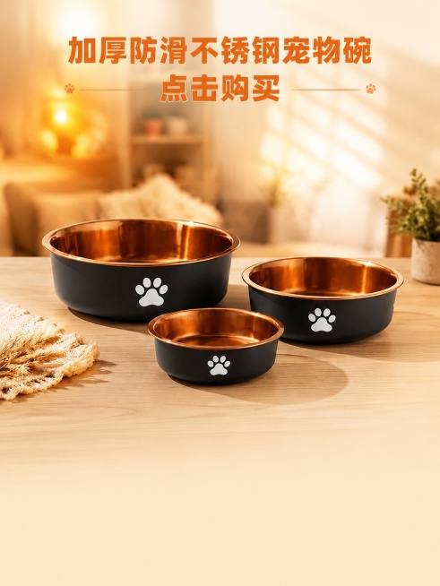 填充营销文字
统一视觉规范
主色调：奶油白背景 + 暖橙辅助色 + 哑光黑碗身 + 玫瑰金 / 金色金属内碗，整体治愈轻奢居家风
光影：柔和自然光侧光，突出不锈钢镜面反光质感，避免死黑、过曝
道具：原预览效果