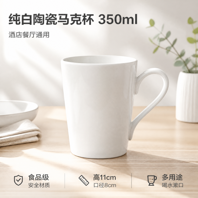 [主图-1] 纯白陶瓷马克杯首图，真实桌面场景。简洁干净家居风，突出洁净感与品质感。商业摄影质感，光线柔和通透，产品清晰真实，画面干净高级。纯白色带把手陶瓷马克杯放置在浅木纹餐桌上，杯身完整展示，搭配预览效果