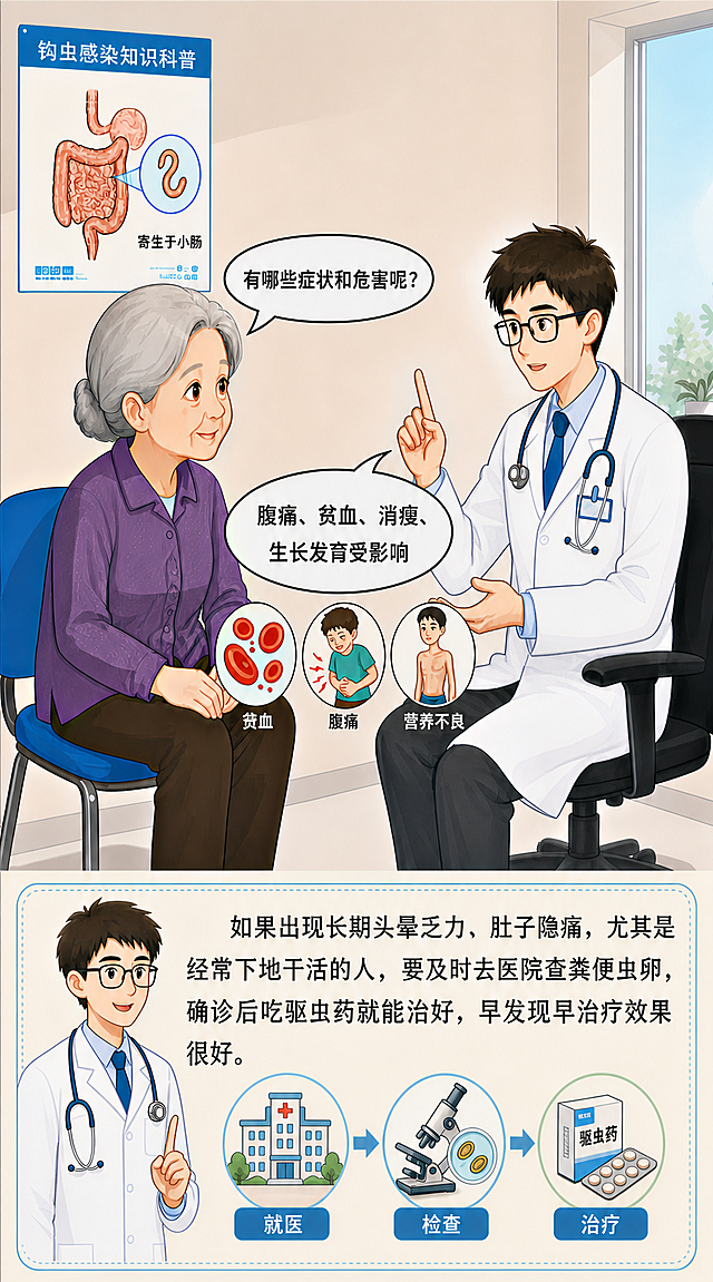 将这张图所有对话框、下方提示文字和图标文字的字体统一调整为思源黑体，修正海报上和图示的乱码文字：“脣偽偵攽䍃”改为“钩虫感染知识科普”、“壽生于小腶”改为“寄生于小肠”、“煑血”改为“贫血”、“腹㾭”改为“腹痛”、“堃劈不隹”改为“营养不良”，保持原有布局、人物和背景不变，保证整体风格统一