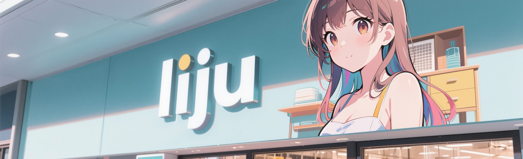 店铺店招logo，内容包含品牌名"liju"，体现家具日用元素，搭配一位风格清新的动漫美女，整体风格简洁醒目适合店招使用预览效果