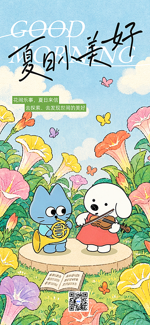 早安日签夏季问候祝福励志正能量卡通治愈风系插画风朋友圈海报
