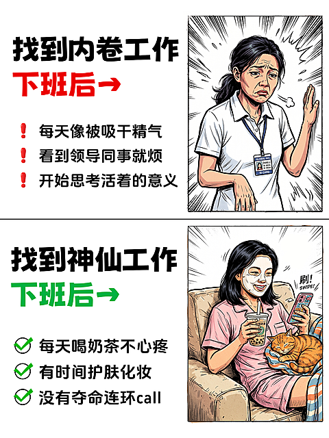 找工作招聘广告小红书封面配图对比图玩梗搞笑表情包美漫风反内卷改行求职跳槽网红干货分享视频封面自媒体高点击率
