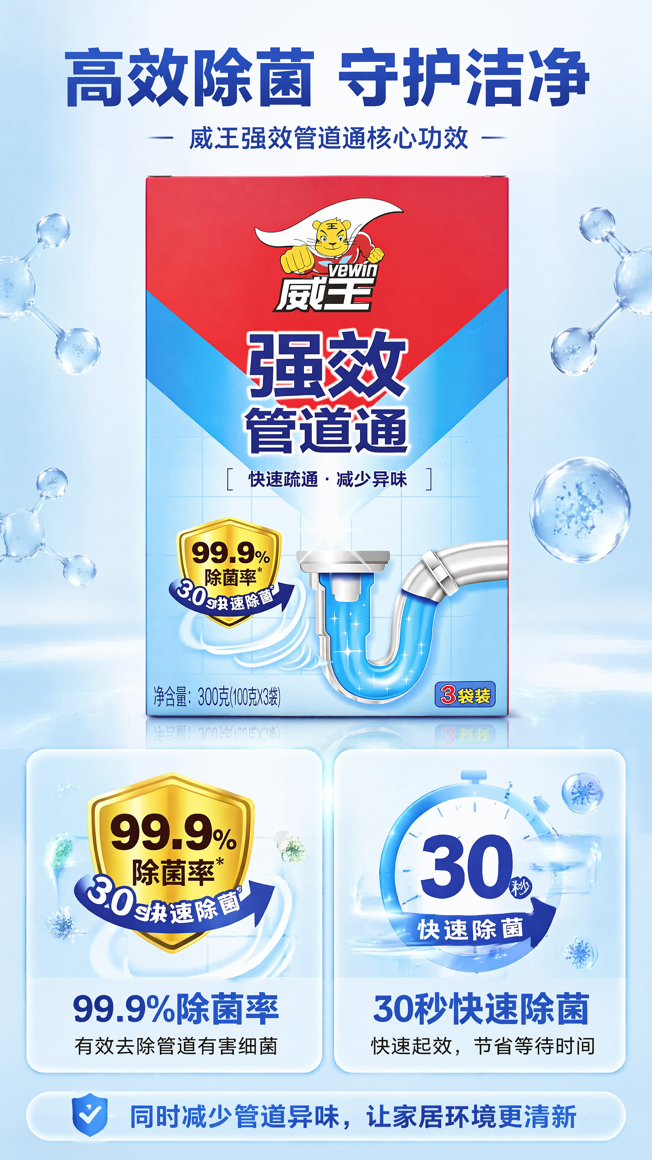 [第3屏] 核心功效解析屏，展示威王强效管道通除菌核心优势。本… - 图片创意预览
