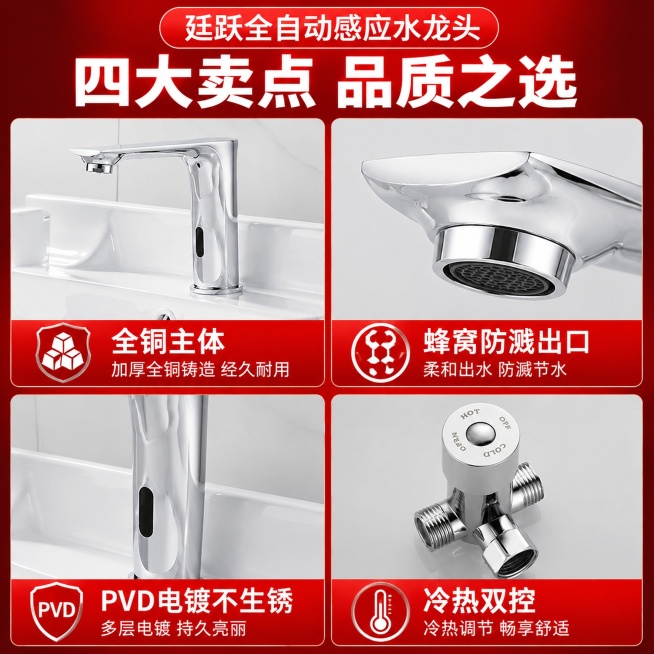 展示廷跃全自动感应水龙头四大卖点：全铜主体、蜂窝防溅出口、PVD电镀不生锈、冷热双控，拼多多商品主图，四宫格卖点展示，红底白字突出卖点，1:1比例预览效果