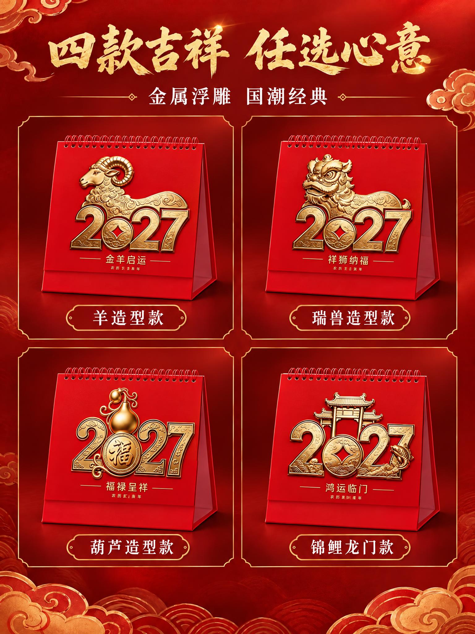 制作四款台历封面组合展示图，风格参考第二张图的国潮详情页样式。… - 图片创意预览