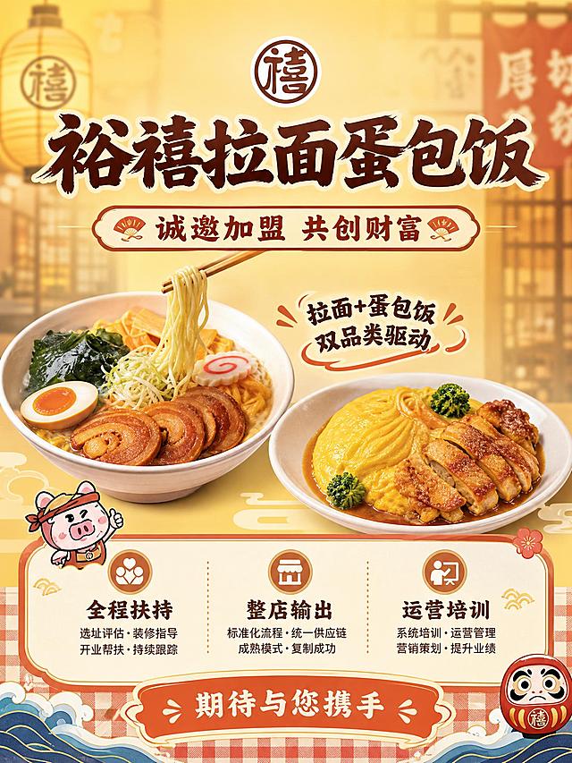 [商品] 使用【图1】中的品牌Logo和核心产品图（厚切叉烧拉面+蛋包饭组合）；商品处理：保留品牌「禧」字Logo、核心产品外观；去除价格数字。
[画面] 目标：加盟邀约收尾页，营造合作共赢的品牌感。构图：居中偏上为品牌Logo+主标题，下方左右摆放一碗拉面和一份蛋包饭的组合图（代表两大核心产品线），底部为加盟合作信息区。背景为暖黄色渐变+日式居酒屋门帘/灯笼元素虚化装饰。主体占画面60%，整体氛围温馨且有品牌质感。
[视觉] 套系策略：风格=日系温馨治愈风，手绘+实拍结合，暖黄调；标题字=日式粗体书法字，带轻微描边；正文字=圆润可爱的日系无衬线体；主色=浅米黄/暖杏色；背景延展=基于浅黄做深浅层级渐变、和纸纹理、日式格纹、红白蓝条纹装饰；强调色=橙红色/深棕，仅用于小面积图标、引线、按钮标签；标题色=深棕红；正文色=深暖棕；组件=圆角白底信息卡、日式波浪边框、卡通形象、和风扇形装饰、日式灯笼；光影=顶部暖柔光，产品有自然阴影，整体明亮温暖。
[文字] 顶部主标题「裕禧拉面蛋包饭」，副标题「诚邀加盟 共创财富」，中部产品图两侧标注「拉面+蛋包饭 双品类驱动」，底部信息区有「全程扶持」「整店输出」「运营培训」3个核心支持点，最下方加一行邀约语（如「期待与您携手」）。所有文字横向排版，层级清晰。
[规格] 图片比例3:4竖版，2K分辨率，避免冷蓝/冷灰背景、价格数字、产品变形、错字、文字过小、竖排文字。