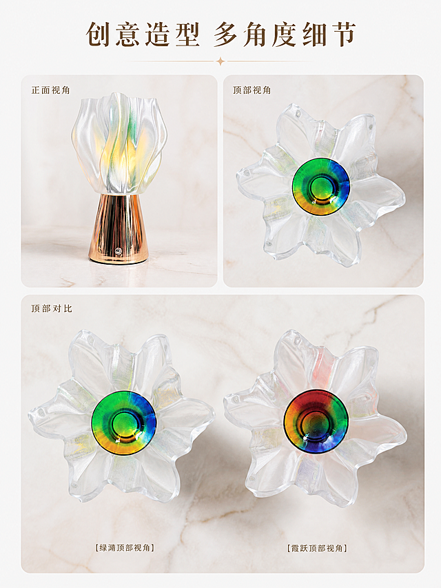 [第7屏] 多角度设计展示，呈现产品不同视角和顶部创意造型。使用【图9】绿漪顶部图和【图10】霞跃顶部图、【图5】正面图。[氛围/风格] 设计感展示，干净通透，突出创意造型。[元素布局] 页面分为三个区域，左上为产品正面整体图，右上为顶部俯视角度图，下方大区域展示双色顶部对比，保留原图的渐变色彩和花瓣造型结构不变，背景为浅米白大理石纹理台面。[光影质感] 柔和自然光，每个角度都清晰展现产品纹理和光影，底部自然阴影。[配色色系] 全局底色 #F9F9F7，主色浅调，突出产品本身的渐变色彩。[文字版式] 顶部主标题「创意造型 多角度细节」，每个区域简单标注视角，文字小巧不遮挡，保证产品展示清晰。[比例分辨率] 3:4竖版比例，4K分辨率，高清画质。[负向提示词] 角度变形，色彩失真，文字拥挤，结构错误。