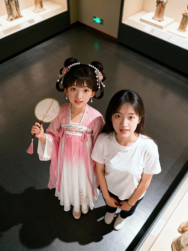 古典与现代交织，国潮风韵中透出唯美优雅。汉服少女手持团扇，刺绣细节精致，与博物馆实景相融，轻拟物风格营造甜蜜可爱氛围，文艺感十足。