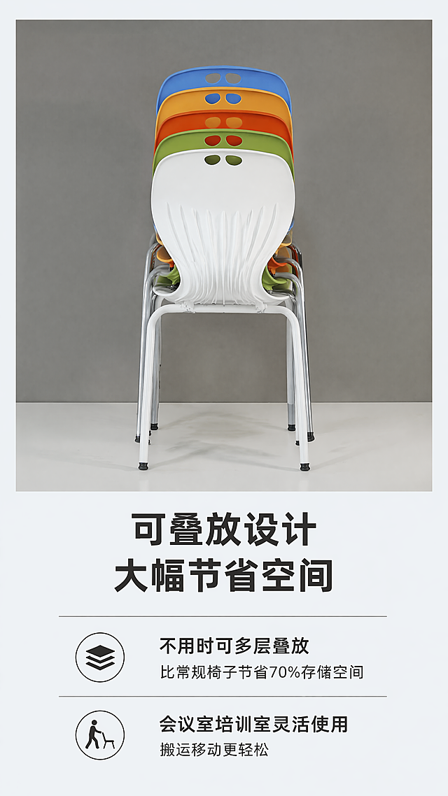 [第4屏] 可叠放设计实测，展示产品叠放收纳节省空间的特性。本屏使用【图6】和【图7】展示叠放效果，保持产品结构、颜色、叠放方式与原图一致。[氛围/风格] 真实展示，清晰直观，商务简约。[元素布局] 上半部分用【图7】正面展示多把椅子叠放效果，占据画面60%区域，下半部分文字说明叠放优势。保留原图多色叠放的层次感和产品结构，展示5把椅子叠放后仅占用单把椅子的占地面积。[光影质感] 均匀正面光，清晰展示叠放结构，产品轮廓分明，色彩还原准确。[配色色系] 全局底色 #F5F7FA（浅灰）；主体保留原图多色（白/绿/橙/蓝/黄）；文字深灰色。[视角构图] 上产品展示下文字说明的上下构图，9:16竖版，产品占比合理，突出叠放优势。[文字版式] 顶部主标题「可叠放设计 大幅节省空间」黑色加粗，下方分两点说明：「不用时可多层叠放 比常规椅子节省70%存储空间」「会议室培训室灵活使用 搬运移动更轻松」，文字排版宽松，不遮挡叠放主体展示。[比例分辨率] 9:16竖版比例，4K分辨率，文字清晰可辨。[负向提示词] 产品叠放错误，结构变形，颜色偏差，文字错乱，背景杂乱。