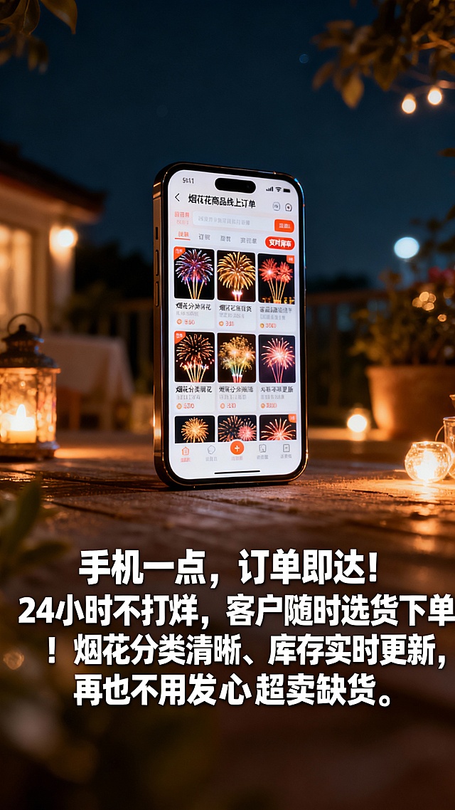 手机一点，订单即达！
24小时不打烊，客户随时选货下单！
烟花分类清晰、库存实时更新，再也不用担心超卖缺货！