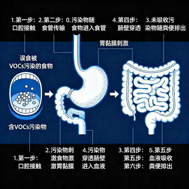 科普示意图展示误食被挥发性有机物VOCs污染的食物后，对人体消化系统产生刺激影响的过程，清晰标注污染路径，风格为科学干净的科普插画预览效果