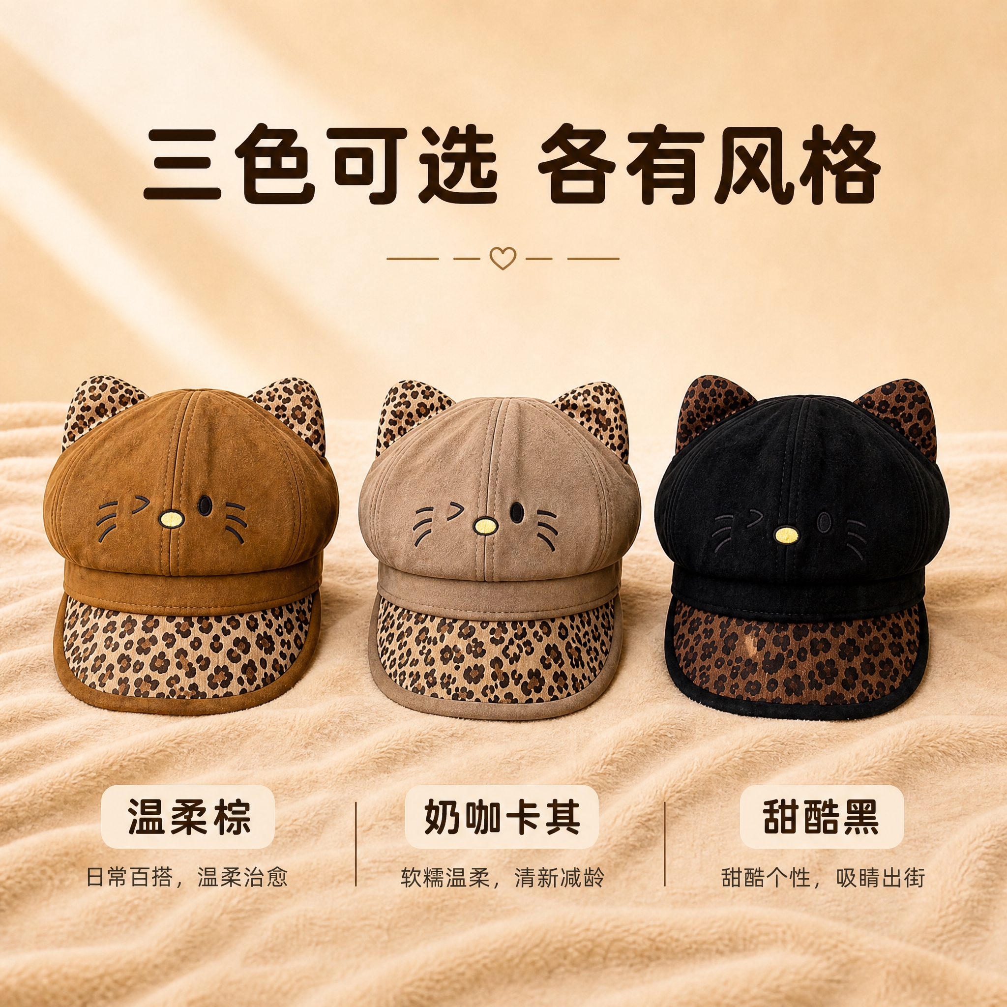 [主图-3] 豹纹猫耳麂皮绒报童帽 三色多色款式展示，突出多色… - 图片创意预览