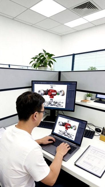 去掉左侧画有线稿的电脑，保留其他内容不变：主显示器显示变送器爆炸图，笔记本屏幕正常显示，人物穿着白色衣服，保持办公室场景、整体尺寸、色彩、平视视角不变预览效果