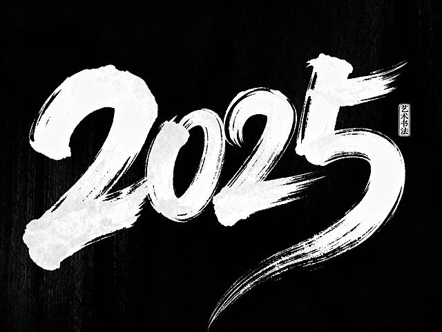 水墨风书法“2025”大字设计，黑白单色简约呈现，融合中式艺术感与现代视觉美学，彰显新年创意。