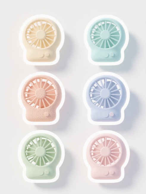 6个不同配色、不同样式、不同材质的卡通风格电风扇，采用简洁圆润的造型设计，低饱和度马卡龙色调，柔和均匀的平面光影效果，边缘有轻微的白色描边，表面带有细腻的颗粒纹理质感，整齐排列在纯白色背景上，每个风扇保持统一的卡通插画风格和视觉比例，整体构图平衡对称，呈现出清新可爱的视觉效果。预览效果