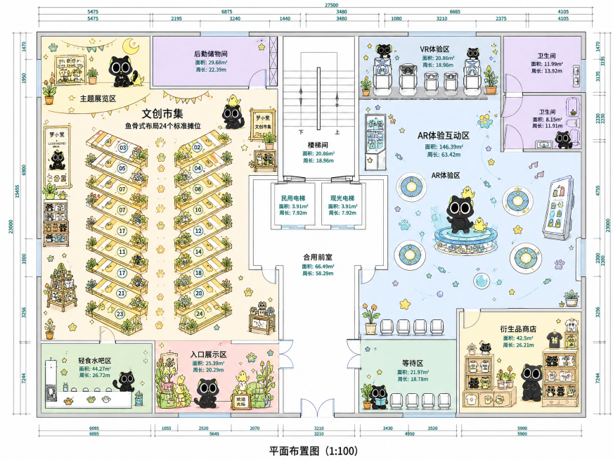 保留原始户型结构和所有房间位置大小不变，融合罗小黑IP元素，绘制平面图：文创集市包含主题展览区和鱼骨式布局24个标准摊位；AR体验互动区包括AR体验区和VR体验区，整体风格可爱温馨，带有罗小黑卡通形象预览效果