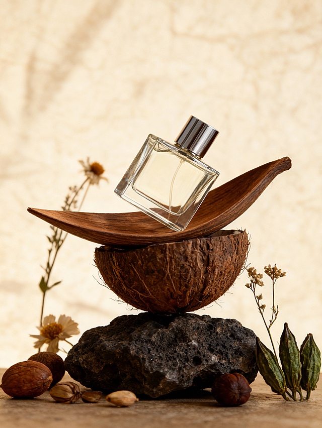 自然禅意的商业产品摄影风格，高质感精细渲染；画面采用浅米色、深棕、墨绿交织的柔和自然色调，整体质朴雅致且质感温润；以平视中景视角、错落堆叠的艺术陈列式构图呈现，视觉重心聚焦于产品；场景包含木质叶片状载体、椰壳、岩石基座、植物干花、坚果、植物种荚，背景为浅米色纹理虚化背景；产品呈倾斜悬浮摆放；木质载体叠置于椰壳与岩石基座之上，植物干花、坚果、种荚作为自然装饰元素分布于产品周边，所有元素围绕产品构建质朴禅意的艺术陈列场景；配合柔和侧光照明、高质感材质细节（木质、岩石纹理）表现、自然景深效果与艺术化的错落陈列布局。