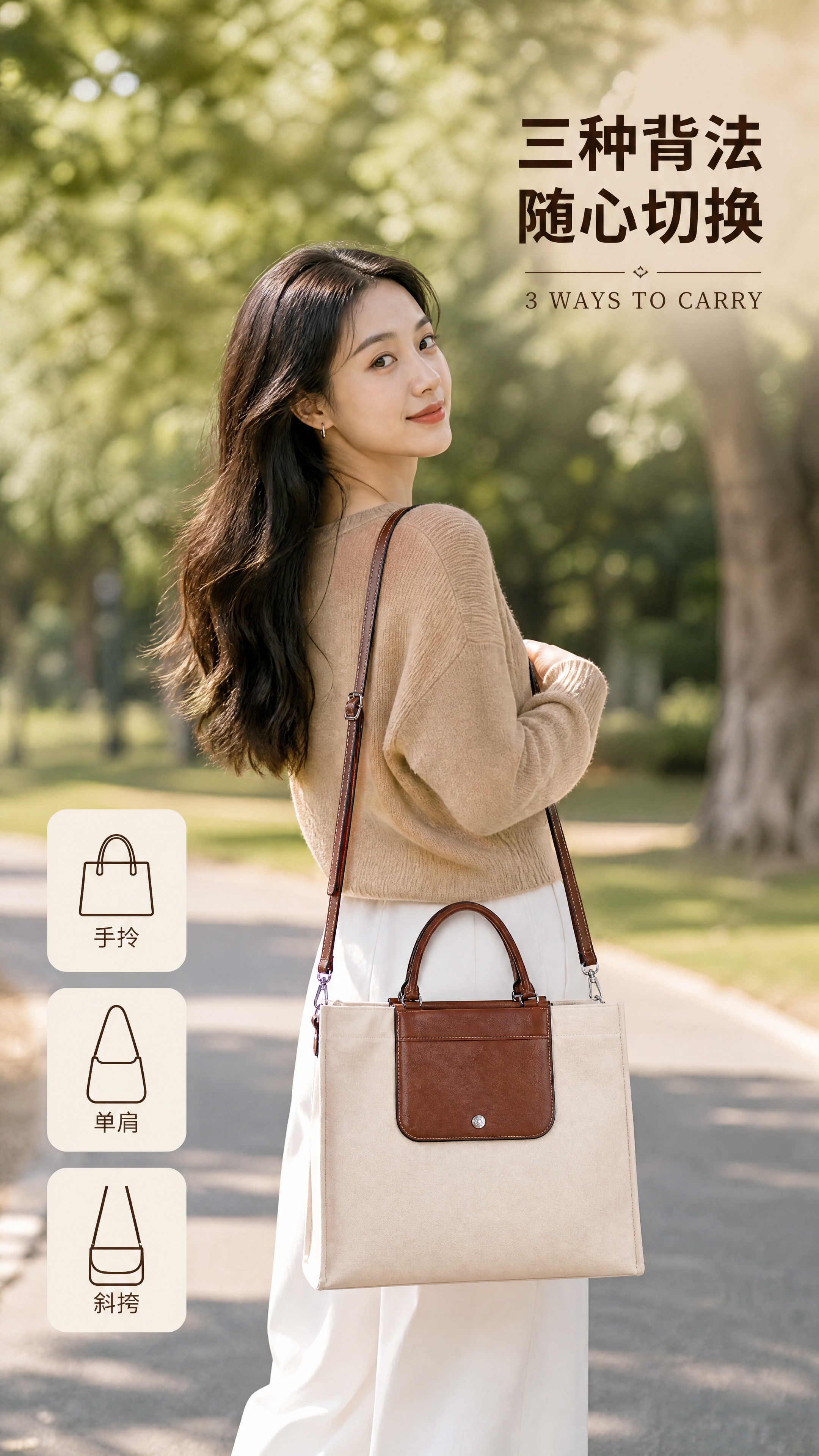 [商品] 使用【图1】米白帆布配棕色皮质撞色托特包；保留包身方… - 图片创意预览