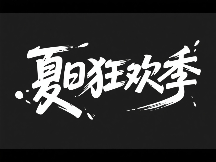 黑色背景,白色字体，字体设计“夏日狂欢季”，扁平，标志，创意字体设计,线条流畅且富有共术感中文，将字体进行抽象变形,创造独特的节奏和动感，给人以强烈的视觉冲击高级感预览效果