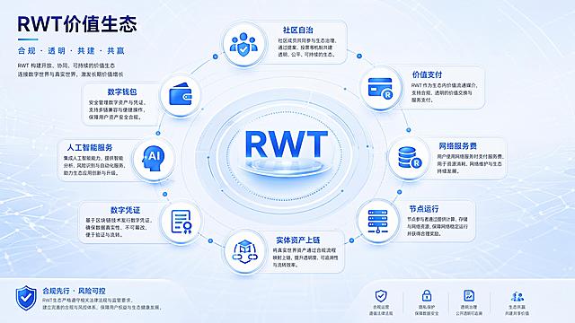 重新生成RWT项目P14价值生态页，标题"RWT价值生态"，中心RWT，向外扩散布局，包含：社区自治、价值支付、网络服务费、节点运行、实体资产上链、数字凭证、人工智能服务、数字钱包，调整合规表述，保持环形扩散蓝白科技风格，16:9比例
