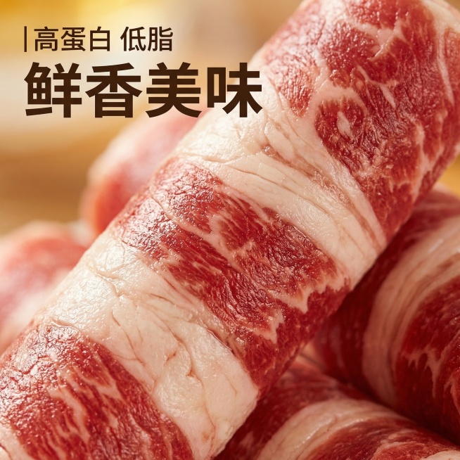 [主图 3] 牛肉卷细节纹理特写
[氛围/风格] 微距特写，突出新鲜质感。
[画面元素] 对原产品牛肉卷进行微距特写，放大展示牛肉卷大理石纹理，自然脂肪分布，表面新鲜的肌理细节，自然暖光突出肉的鲜嫩油预览效果