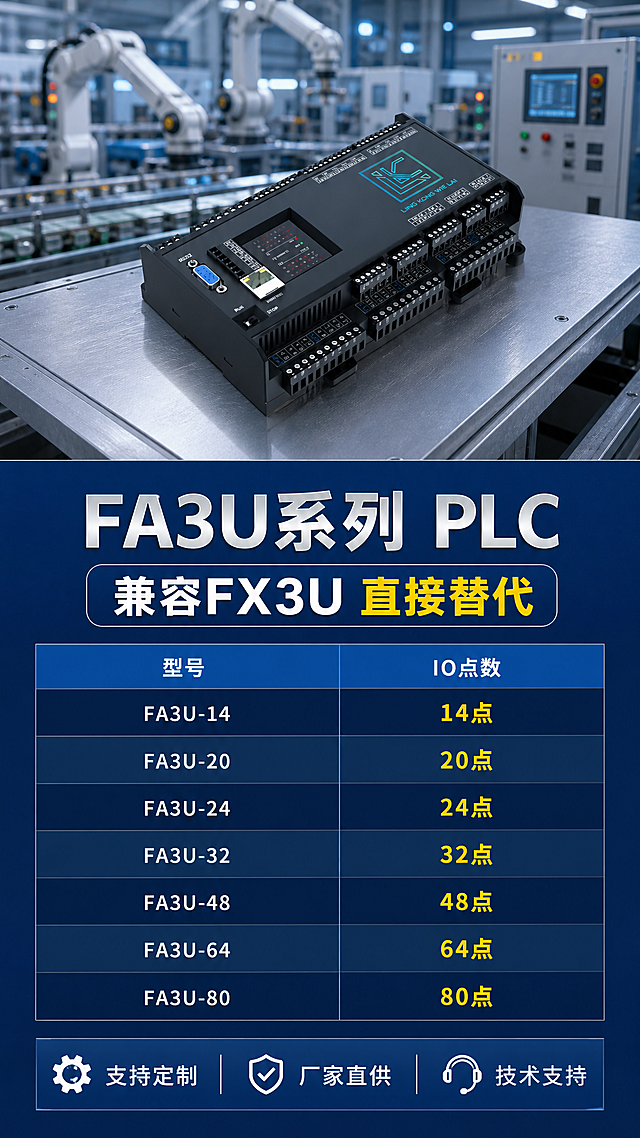 工业科技风PLC产品宣传海报，竖版9:16。画面采用上下结构，上半部分为产品展示区，以图5的FA3U-48 PLC产品为主体，100%还原上传图的外形、结构、接口、LOGO与材质，产品占画面40%，放置在工业金属工作台上，背景是模糊的工厂自动化生产线场景（机械臂、控制柜、流水线），营造真实使用场景氛围。下半部分为深蓝色信息区，顶部大标题"FA3U系列 PLC"，醒目标注"兼容FX3U 直接替代"，下方用表格形式列出全系列型号对比：FA3U-14/20/24/32/48/64/80，对应IO点数从14点到80点，底部CTA区域"支持定制 · 厂家直供 · 技术支持"。整体专业务实，工业场景感强，版式精美，层级分明，产品光影自然，侧前方柔光，高清商业摄影质感。画面中所有数字必须精确渲染，不得错位、遗漏或编造。画面中所有信息区域必须填充完整合理的内容，不得出现空白框或空单元格。