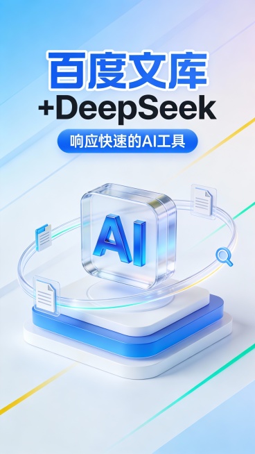 这是一张竖版科技感广告图，采用现代3D玻璃拟态与微立体设计风格，主色调为渐变浅蓝与白色，辅以亮黄、青绿线条点缀，营造清新、高效、智能的视觉氛围。画面顶部是超大号蓝色粗体“百度文库”，带白色描边，下方预览效果