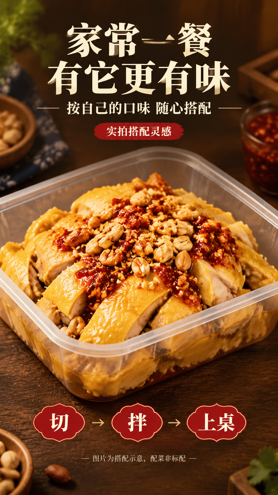 中式家常烟火气商业摄影风格，深木色背景，暖金色侧前柔光。画面上… - 图片创意预览