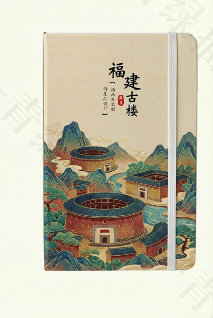 原图是笔记本封面，保持笔记本整体格式和竖版比例不变。将上方文字替换为"福建古楼"，保留小字排版位置不变。将封面核心图画替换为以福建土楼为核心的绘画，整体采用岩彩插画风格，色彩浓郁厚重，质感古朴。预览效果