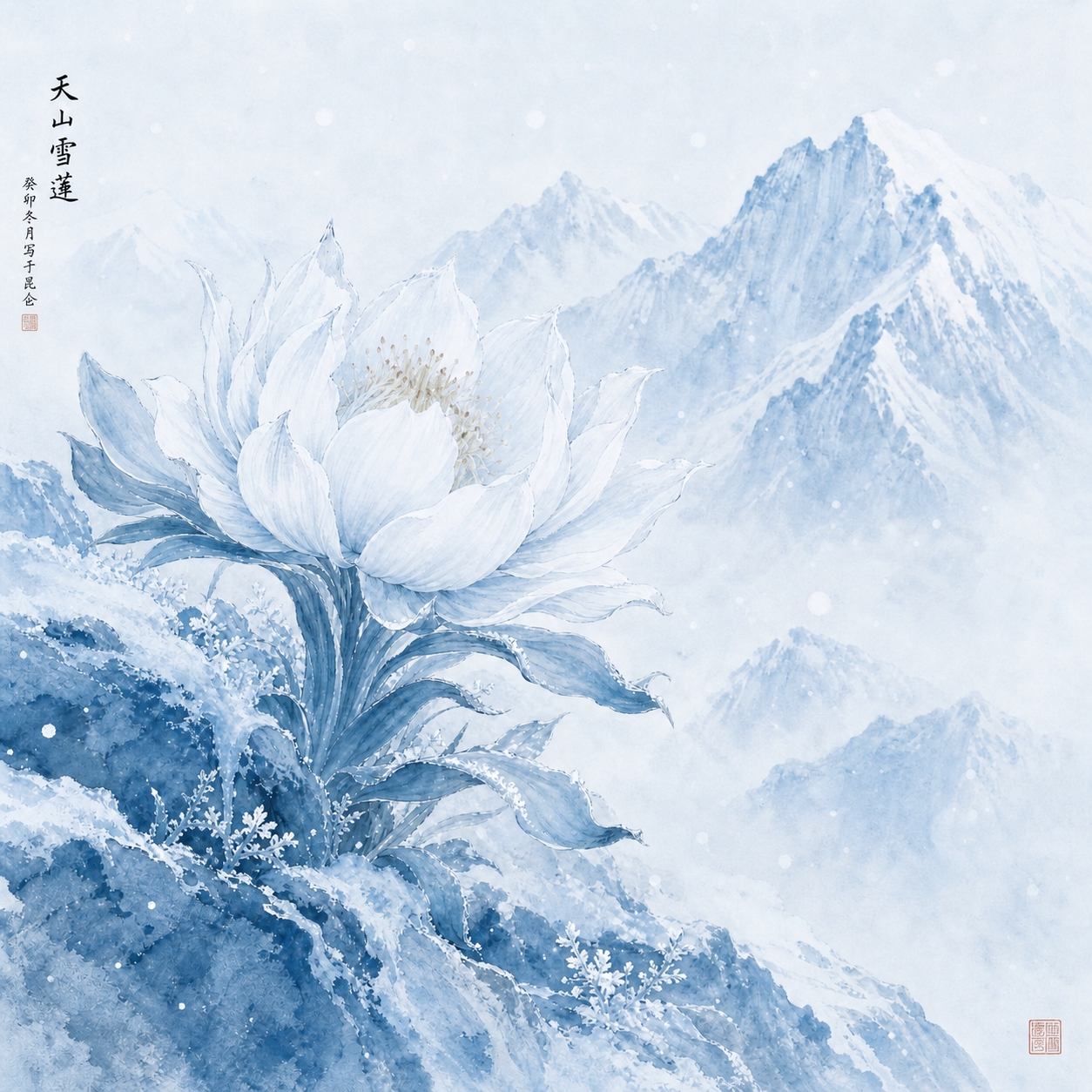 将整幅画的色调改为淡蓝色，雪莲花花瓣呈现淡雅的淡蓝色调，背景雪… - 图片创意预览