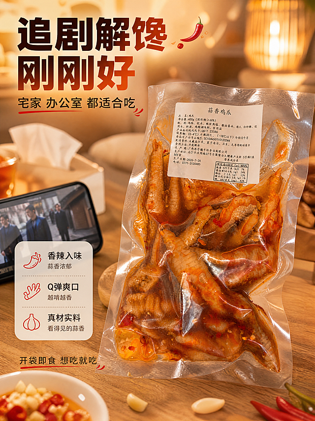 [商品] 使用【图2】真空包装蒜香鸡爪图；保留透明包装袋、白色标签文字、袋内鸡爪形态和红油色泽；增强包装袋质感和通透感，标签文字清晰，不改变包装结构和文字内容。
[画面] 目标：场景种草，轻场景生活方式型。场景拼图+包装展示，宅家追剧/办公室解馋轻场景氛围。包装产品占画面50%，居中偏右，左侧和上方营造场景感（桌面、手机、纸巾等生活化道具虚化）。前景包装清晰，中景生活化道具，背景暖色调虚化环境，≥3层环境元素（桌面、道具、背景光晕）。阅读动线从左上标题→中部包装→底部场景说明。
[视觉] 套系策略：风格=抖音风食欲感商业美食摄影，暖色调高饱和；标题字=粗黑体大字，厚重有力；正文字=简洁无衬线中黑体；主色=暖红棕（取自红油色泽）；背景延展=暖米色桌面+暖橙光晕，同色系深浅层级；强调色=亮辣椒红，仅用于小面积标签、图标和底纹点缀；标题色=深棕红+红油红渐变；正文色=深暖灰；组件=圆角米白信息卡、辣椒icon、蒜蓉颗粒装饰元素；光影=顶部暖柔光，包装反光自然，整体温馨生活感。
[文字] 左上主标题「追剧解馋刚刚好」，副标题「宅家 办公室 都适合吃」，底部小字补充「开袋即食 想吃就吃」。文字全部横向排版，不遮挡包装标签和鸡爪主体。
[规格] 图片比例3:4竖版，4K分辨率，抖音风格。避免变形、错字、文字过小、冷蓝冷灰背景、包装文字错乱、鸡爪颜色改变。