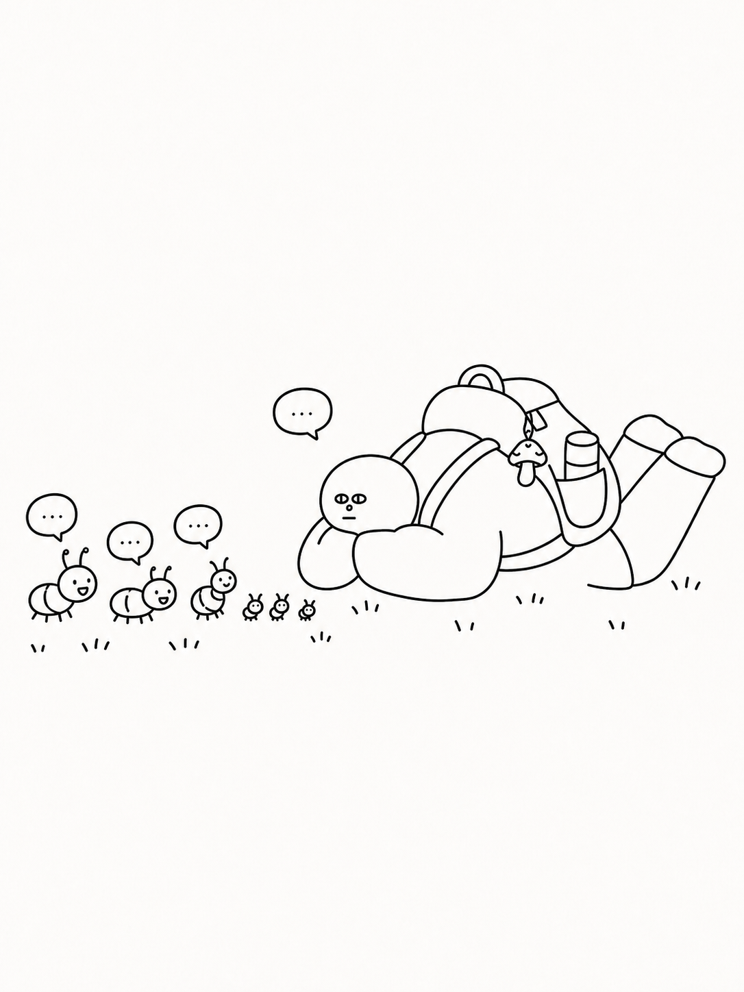 参考图中的极简黑白线条简笔画风格，保持画面中趴着的背包人物和草… - 图片创意预览