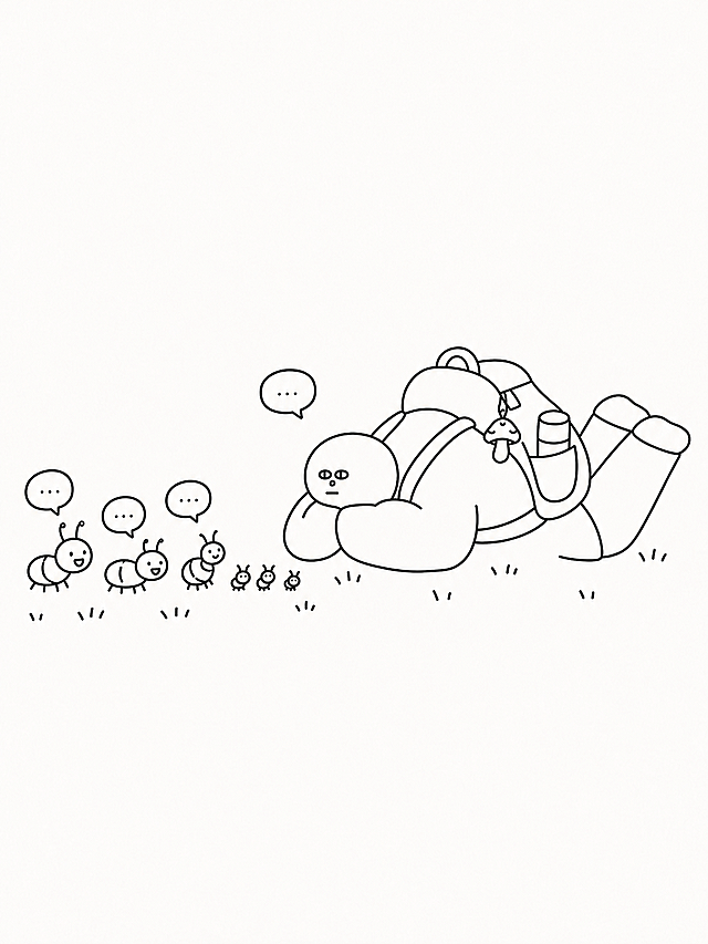 参考图中的极简黑白线条简笔画风格，保持画面中趴着的背包人物和草地元素不变，在画面左侧的小虫子旁边增加虫子的一家：包括虫子爸爸、虫子妈妈和几只小虫子宝宝，都用同样的圆润可爱简笔画线条风格，带有对话气泡，整体画面温馨有趣，纯黑色线条，米白色背景，极简手绘风格
