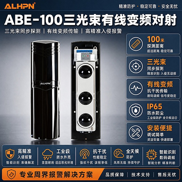 电商主图，1:1比例，淘宝天猫平台，中文。产品为ABE-100三光束有线变频对射，产品外观严格保持原图不变，不扭曲不变形不变色不变结构不变比例不变材质，黑色外壳三镜头结构完整保留。柔和棚拍光，浅灰渐变优化背景，大气专业报警行业风格。左上角放置ALHPN橙色Logo（参考图2样式）。产品名称文字优先凸显，采用大号加粗白色字体配深灰蓝底条。右侧和下方布满核心参数与产品优势文字，无空白位置。报警行业配色：深灰蓝主色 + 警示橙点缀 + 白色文字，杜绝深色单一颜色和过于鲜艳的彩色。排版克制高级，信息密度高但层次清晰。核心参数与卖点：三光束同步探测 有线变频传输 100米探测距离 高精准入侵报警 工业级防水外壳 抗干扰稳定 全天候防护 IP65防水防尘 安装便捷 智能识别 数码调频。画面主体产品（发射端+接收端并排）居中偏左，占比约55%，右侧竖排参数块，底部横排卖点条，顶部产品名称大字，整体满版排布无留白。商业摄影质感，产品边缘清晰，黑色外壳光泽自然，镜头玻璃有通透高光。文字清晰可读，无错字，无水印，无平台Logo。