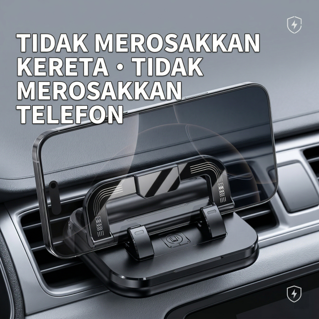 黑色款车载手机支架实际使用主图，简约科技风，黑银白浅灰配色，马来风格，车内出风口展示，手机放置支架上，产品居中，马来西亚语短句卖点大字标注："不伤车・不伤机"，文字粗体醒目，保持原图比例，干净高级浅灰预览效果