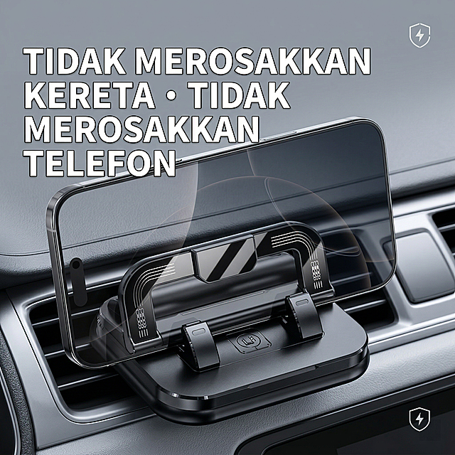 黑色款车载手机支架实际使用主图，简约科技风，黑银白浅灰配色，马来风格，车内出风口展示，手机放置支架上，产品居中，马来西亚语短句卖点大字标注："不伤车・不伤机"，文字粗体醒目，保持原图比例，干净高级浅灰车内背景，主体突出，不要白底图，更换排版和色系与原图不同