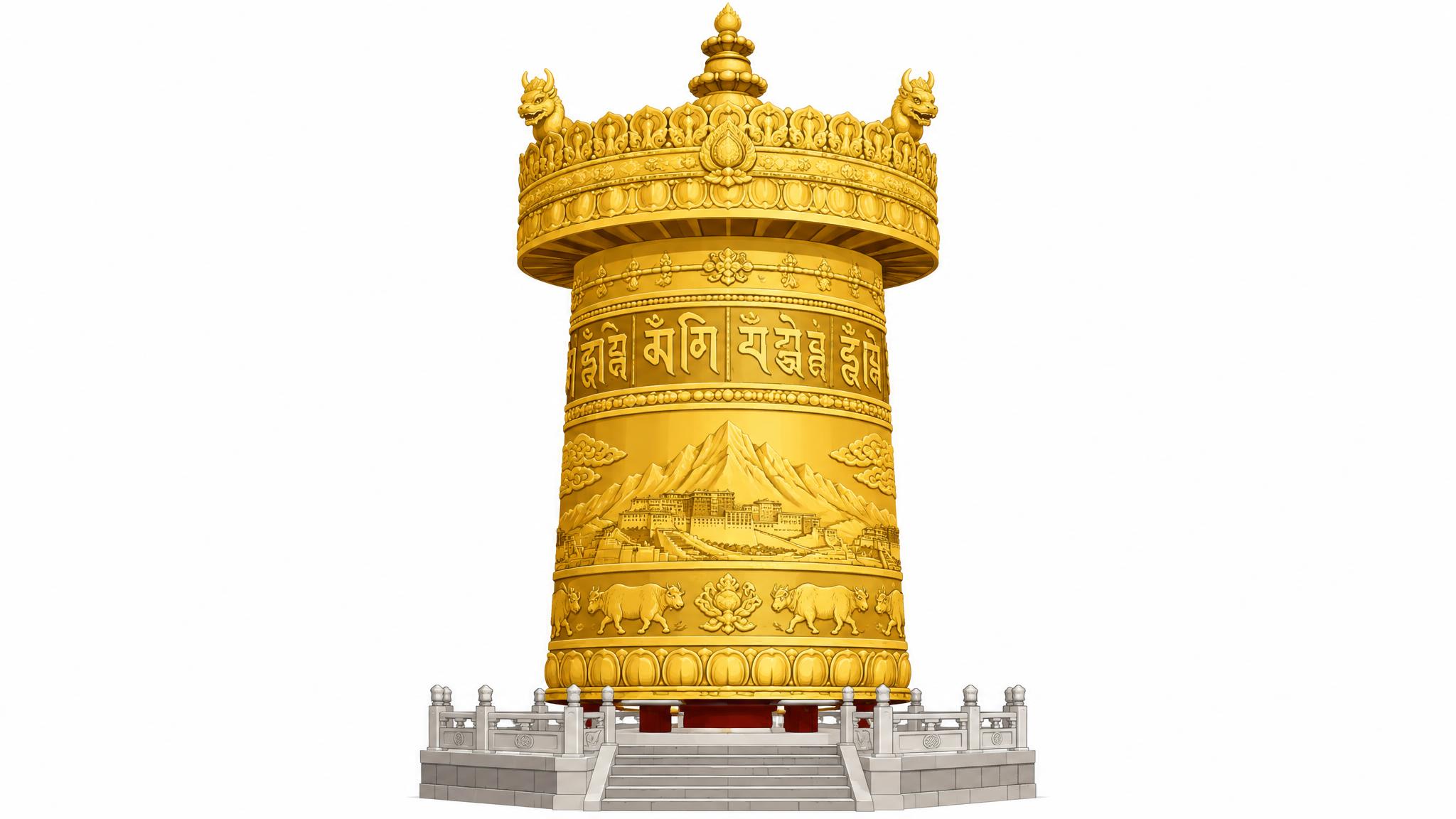 香格里拉大转经筒矢量图形，藏式地标元素，简洁扁平化矢量插画风格… - 图片创意预览