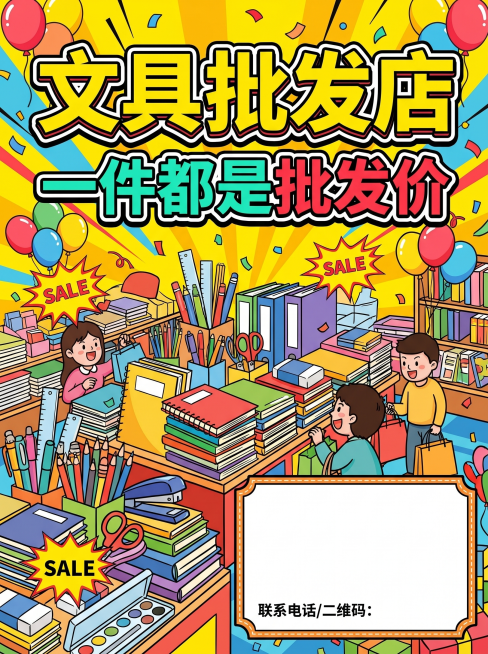 文具批发店宣传海报，色彩明快活力，摆放多种常用文具，画面醒目位置配文案"文具批发店" "一件都是批发价"，商业促销风格，画面右下角留出空白区域用于添加联系电话和二维码，尺寸比例为3:4预览效果