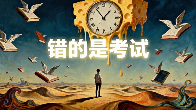 [image-萨尔瓦多·达利的超现实主义绘画风格。背景是一个逻辑崩坏的空间，巨大的时钟像奶酪一样融化，考研书籍长出了翅膀乱飞，地面是波浪状的。画面中央站着一个背影坚定的学生，他是画面中唯一线条笔直、清晰的元素（代表清醒）。画面正中悬浮着白色的、带有光晕的宋体大字“错的是考试”，视觉反差强烈，寓意在疯狂的世界保持正常]