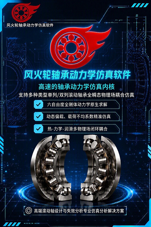 去掉中央主标题区域的白色背景块，让风火轮轴承logo（红色风火轮+轴承图形+"风火轮轴承动力学仿真软件"文字）直接融入深蓝色科技背景中。logo的红色图形保持红色，下方文字改为青蓝色发光效果（与海报整体科技蓝色调统一），文字带有轻微霓虹光效，与背景的科技线条、光点氛围自然融合，没有任何白底或白边。logo整体尺寸适当放大，居中位于原主标题位置，视觉权重与原主标题相当。其余所有画面元素（副标题、卖点、轴承3D图、背景、左上角小logo、底部标语等）保持不变。