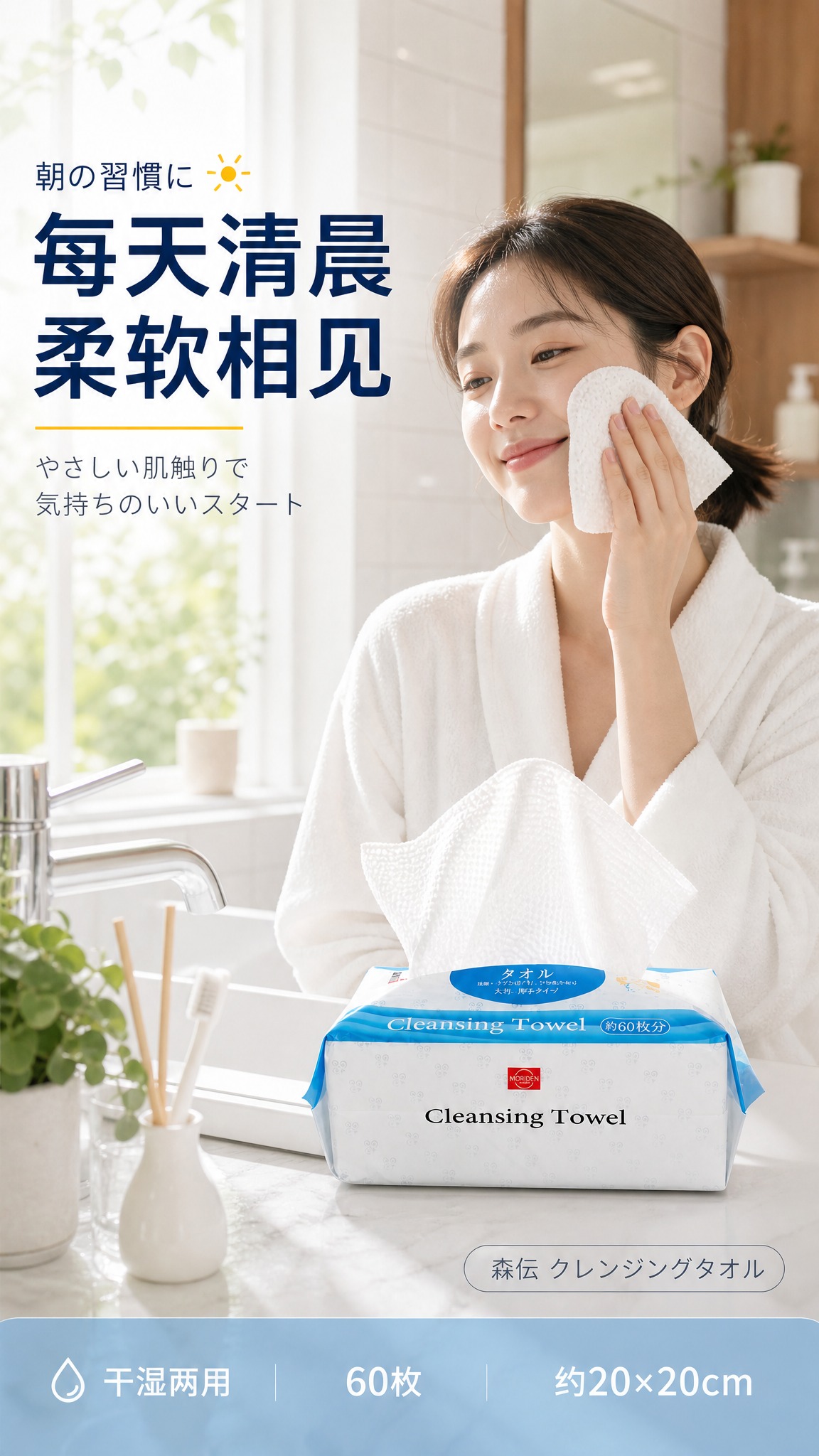 [详情页-5] 真人使用氛围页。浴室晨间洁面场景，亚洲女性半身… - 图片创意预览