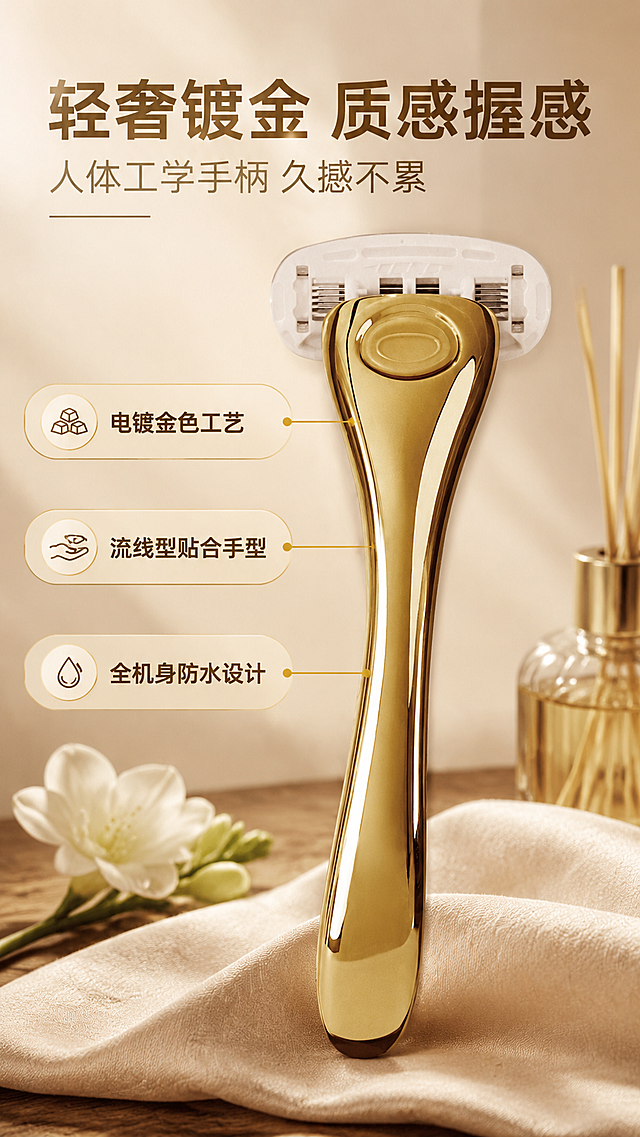 [商品] 使用【图2】【图3】Apache美安剃毛刀手柄；保留金色电镀镜面质感、人体工学流线型造型、顶部椭圆形按钮的结构、颜色和材质；手柄金属反光真实自然。
[画面] 目标：突出轻奢镀金手柄的设计感与握感优势。构图：手柄斜45度立在画面中央偏右，占画面55%；左侧为文字区。场景：深棕色木质台面+奶白色背景墙，台面上铺有米白色丝绒布衬托高级感，旁边点缀一支白色小花和香薰瓶。前景手柄主体，中景台面道具，背景柔和光晕。
[视觉] 套系策略：风格=轻奢高级美妆个护商业摄影；标题字=现代简约无衬线粗体；正文字=简洁无衬线体；主色=暖金色+奶白色；背景延展=基于奶白和暖金做深浅层级、同色渐变和丝绒/木质质感；强调色=香槟金，仅用于小面积图标、引线和标签高光；标题色=深棕金；正文色=暖灰色；组件=圆角浅底信息卡、细线引线；光影=左前侧45度暖光，金属手柄高光流动感强，阴影柔和有层次。
[文字] 左上主标题「轻奢镀金 质感握感」，副标题「人体工学手柄 久握不累」；左侧3个卖点：1.电镀金色工艺 2.流线型贴合手型 3.全机身防水设计。用细线引线指向手柄对应部位。
[规格] 图片比例9:16竖版，4K分辨率，medium质量。避免变形、错字、文字过小、冷蓝背景、金属质感失真、手柄形状改变。