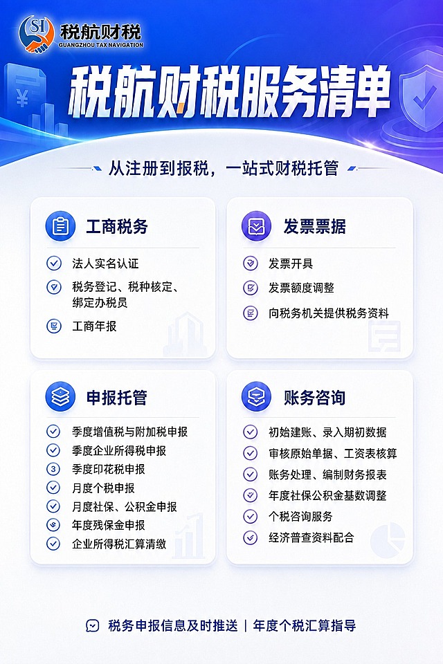 将税航财税的logo（蓝橙握手+SH图形标志，右侧为"税航财税"黑色中文和"GUANGZHOU TAX NAVIGATION"英文）放置到海报顶部左上角位置，logo大小适中，与主标题协调不冲突。其余所有内容、版式、风格、文字保持完全不变，整体画面协调统一。logo必须清晰完整，颜色准确。