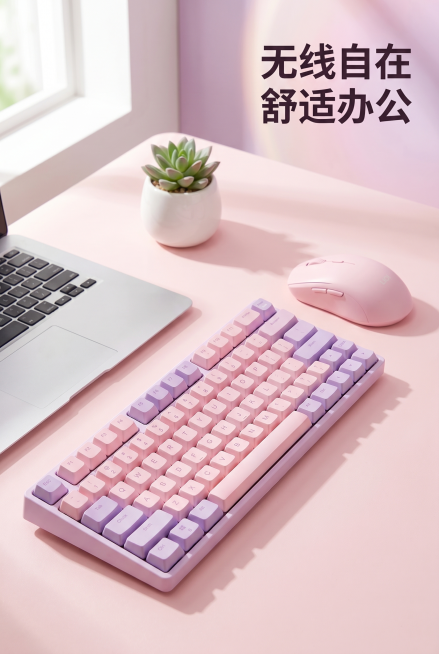 [主图 4] 桌面使用场景展示
[氛围风格] 甜美梦幻办公场景，清新氛围感
[画质] 商业摄影质感、光线柔和通透、产品清晰真实、画面干净高级
[元素] 键鼠套装放置在干净浅粉色桌面，搭配简约笔记本电脑预览效果