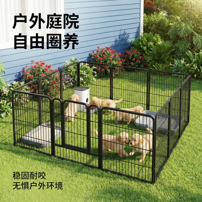 [主图] 黑色宠物围栏别墅户外场景
[主图主题] 黑色宠物围栏户外使用场景
[氛围/风格] 自然清新户外风，明亮阳光，高清实景
[画面元素] 黑色宠物围栏放置在别墅门前绿草坪上，围栏内放置喂食器和狗厕预览效果