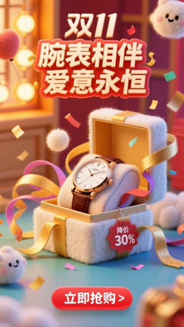 充满活力的双11销售海报构图。一枚优雅的手表放在打开的奢华礼盒中，周围是漂浮的彩带和金色丝带。电商风格，明亮欢快的灯光。“双11”Logo巨大且具有庆典感，位于顶部。主标题“腕表相伴 爱意永恒”采用粗预览效果