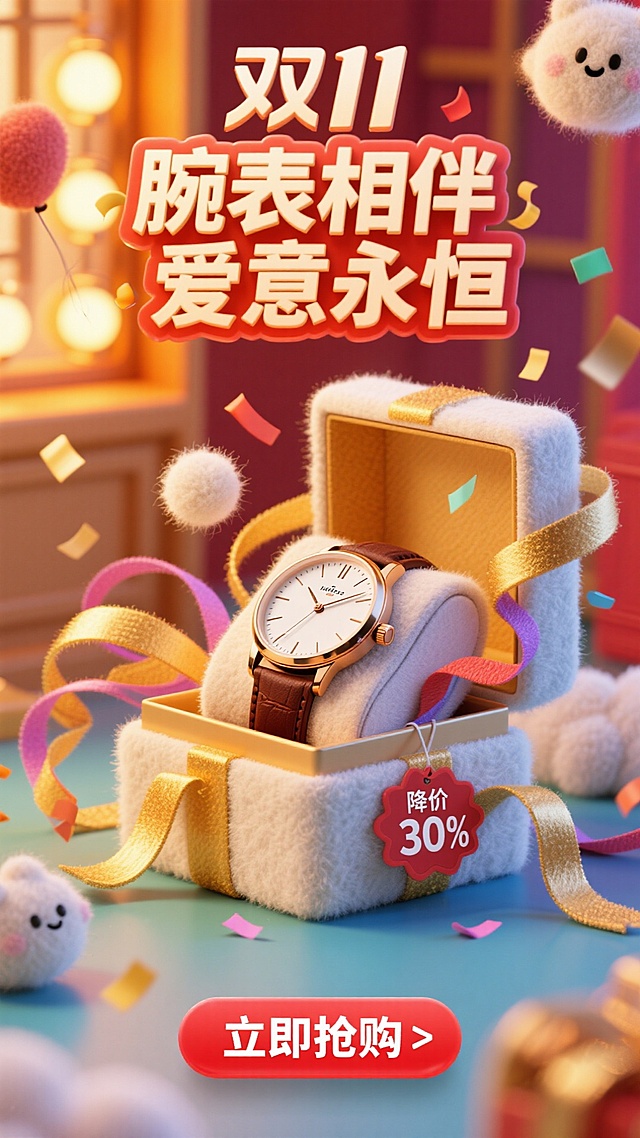 软3D风搭配毛发生长质感，梦幻温馨的场景中，腕表置于绒毛礼盒，飘落彩带与萌趣云朵营造甜蜜浪漫氛围，传递双11促销喜悦。