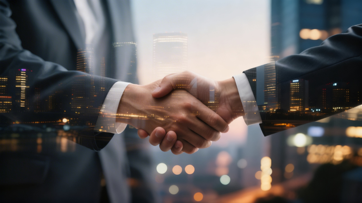 去除图片上所有的花瓣水印，保留原图的商务握手、双重曝光城市夜景的内容，不改变画面构图和风格预览效果